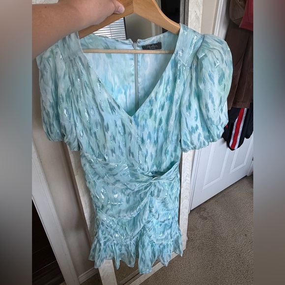 Parker Mermaid Silk Light Blue Ruched Mini Dress - Picture 2 of 6